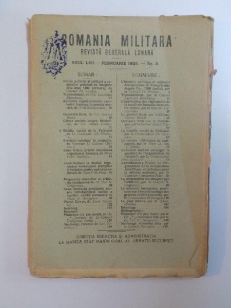 ROMANIA MILITARA , REVISTA GENERALA LUNARA , NR.2 , 1925