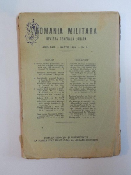 ROMANIA MILITARA , REVISTA GENERALA LUNARA , NR.3 , 1925