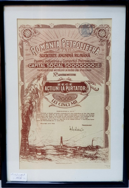 ROMANIA PETROLIFERA - FRATIA - SOCIETATE ANONIMA ROMANA ' - CERTIFICAT DE ZECE ACTIUNI LA PURTATOR IN VALOARE DE CINCI MII LEI, 1922