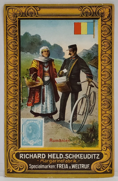 ROMANIA , POSTAS  INMANAND CORESPONDENTA UNEI  FEMEI IN COSTUM POPULAR , CARTE POSTALA  , RECLAMA FABRICII DE MARGARINA ' RICHARD HELD. SCHKEUDITZ ' , INCEPUTUL SEC,.XX , CROMOLITOGRAFIE