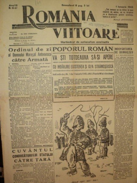 ROMANIA VIITOARE, SAPTAMANAL DE NATIONALISM CONSTRUCTIV, ANUL III, NR. 86-87,  1 IANUAIE 1943