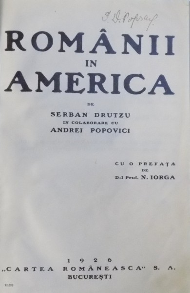 ROMANII IN AMERICA de SERBAN DUTZU IN COLABORARE CU ANDREI POPOVICI, 1926
