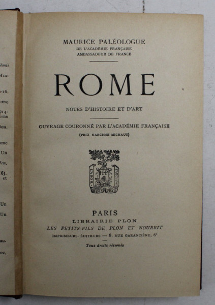 ROME NOTES D ' HISTOIRE  ET D'ART par MAURICE PALEOLOGUE , EDITIE INTERBELICA