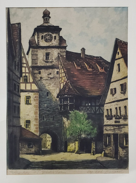 ROTHENBURG WEISSER TURM , GRAVURA COLORATA , INTERBELICA