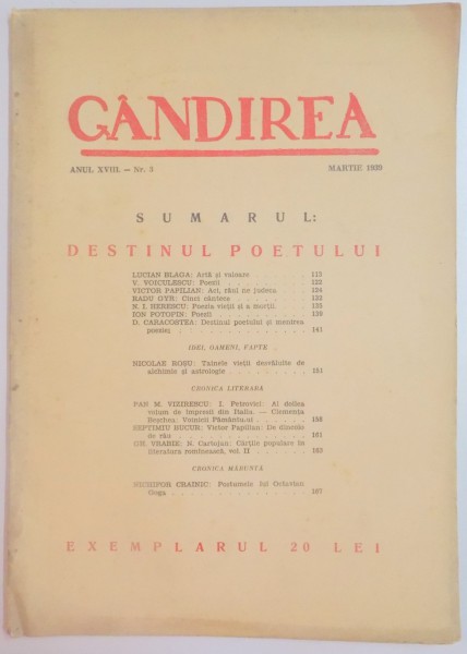 REVISTA ''GANDIREA'' ANUL XVIII NR. 3 , MARTIE 1939 : DESTINUL POETULUI