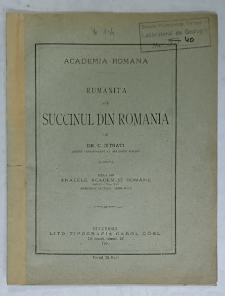 RUMANITA SAU SUCCINUL DIN ROMANIA de Dr. C. ISTRATI , 1895