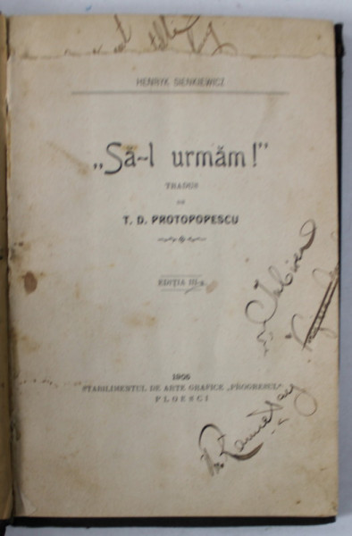 ' SA - L URMAM ! ' , de HENRYK SIENKIEWICZ , 1905 , PAGINA DE TITLU CU FRAGMENT  LIPSA