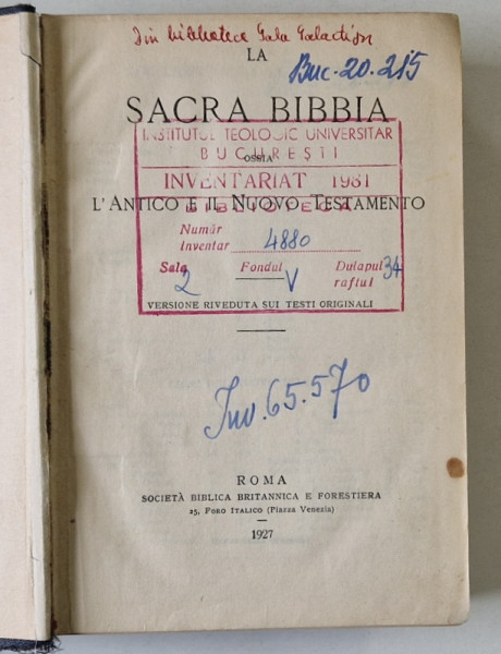 SACRA BIBBIA ossia L 'ANTICO E IL NUOVO TESTAMENTO , TEXT IN LIMBA ITALIANA , 1927