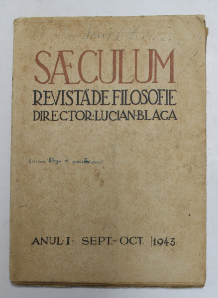 SAECULUM , REVISTA DE FILOSOFIE , DIRECTOR  - LUCIAN BLAGA , COPERTA de A.  DEMIAN , ANUL I , SEPT . - OCT . 1943