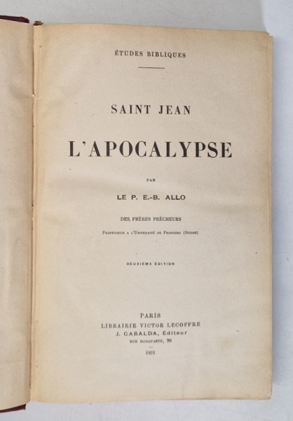 SAINT JEAN L 'APOCALYPSE par LE P.E. - B. ALLO , 1921 , PREZINTA HALOURI DE APA