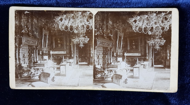 SALONUL ALBASTRU DIN CASTELUL PELES  - SINAIA , FOTOGRAFIE STEREOSCOPICA PE SUPORT DE CARTON , MONOCROMA, CCA. 1900
