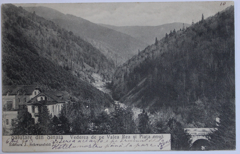 SALUTARE DIN SINAIA  - VEDERE DE PE VALEA REA SI PIATA NOUA , CARTE POSTALA ILUSTRATA , MONOCROMA, CIRCULATA , CLASICA ,  DATATA 1903