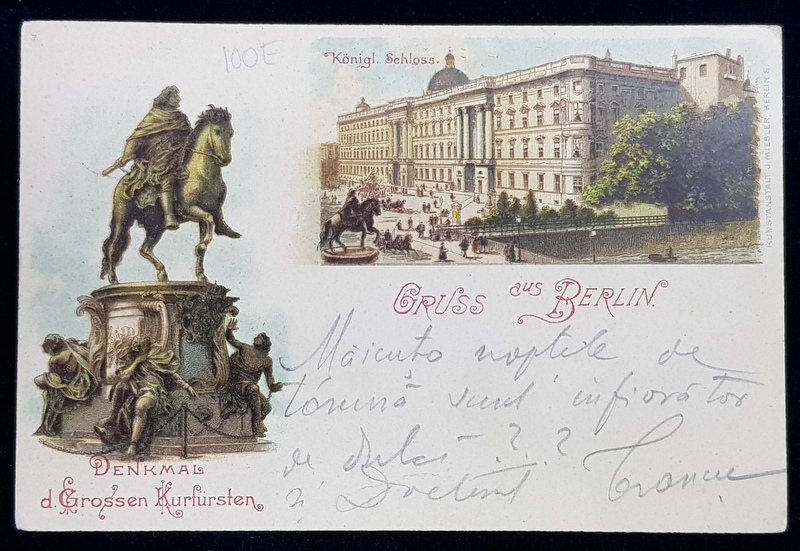 SALUTARI DIN BERLIN , CARTE POSTALA ILUSTRATA , CROMOLITOGRAFIE , CIRCULATA , CLASICA , DATATA 1901 . EXPEDIATA DOMNULUI RADU ROSETTI *