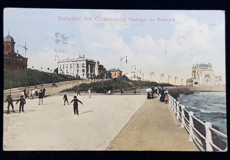 SALUTARI DIN CONSTANTA  - SKATINGUL PE BULEVARD , CARTE POSTALA ILUSTRATA , POLICROMA, DATATA 1929