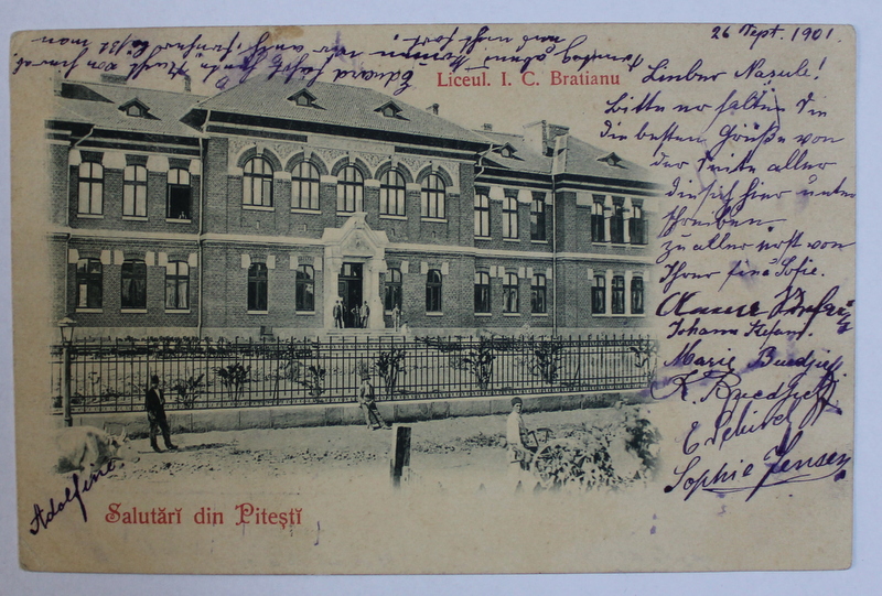 SALUTARI DIN PITESTI - LICEUL I.C. BRATIANU , CARTE POSTALA ILUSTRATA , MONOCROMA, CIRCULATA , CLASICA , DATATA 1901 , DESTINATAR FRANZ JENSEN CEASORNICARUL CURTII REGALE *