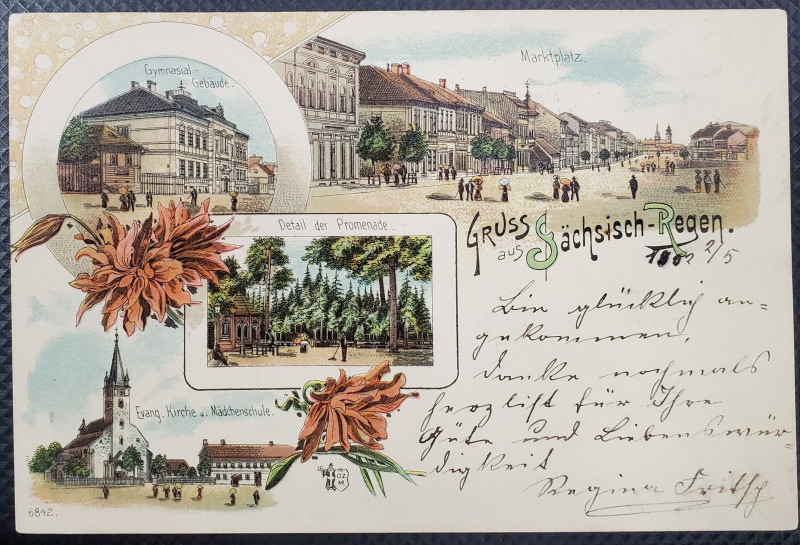 SALUTARI DIN REGHIN , GRUSS AUS SACHSISCH - REGEN , CARTE POSTALA ILUSTRATA , CLASICA , CROMOLITOGRAFIE , 1902