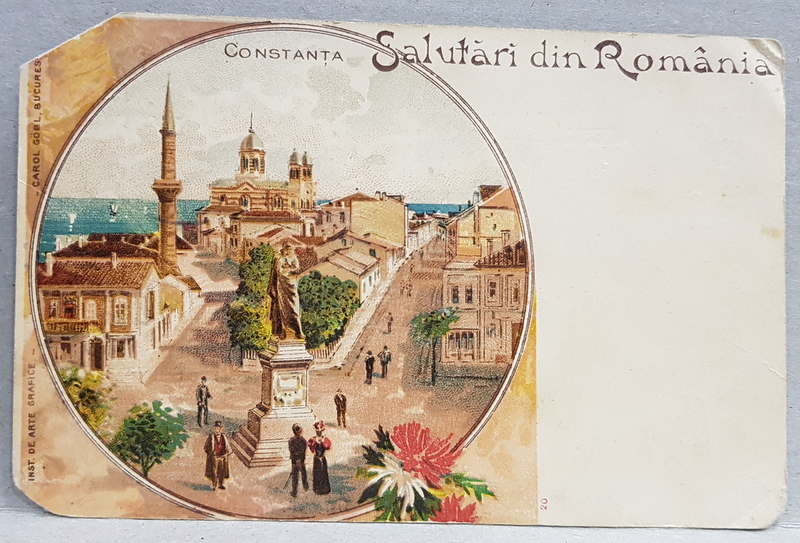 SALUTARI DIN ROMANIA  - CONSTANTA , PIATA CU STATUIA LUI OVIDIU , GEAMIA TURCEASCA , CARTE POSTALA ILUSTRATA , CROMOLITOGRAFIE , CLASICA , CIRCULATA , CCA. 1900 , COLTURILE TAIATE *