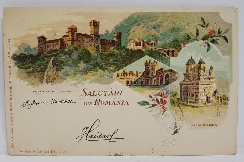 SALUTARI DIN ROMANIA , CROMOLITOGRAFIE , MANASTIREA TISMANA , MANASTIREA CURTEA DE ARGES , MONTAJ , CARTE POSTALA , CLASICA