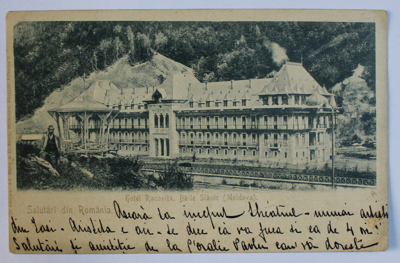 SALUTARI DIN ROMANIA  -  HOTEL RACOVITA , BAILE SLANIC ( MOLDOVA ) , CARTE POSTALA ILUSTRATA , MONOCROMA , CIRCULATA , CLASICA , DATATA 1906