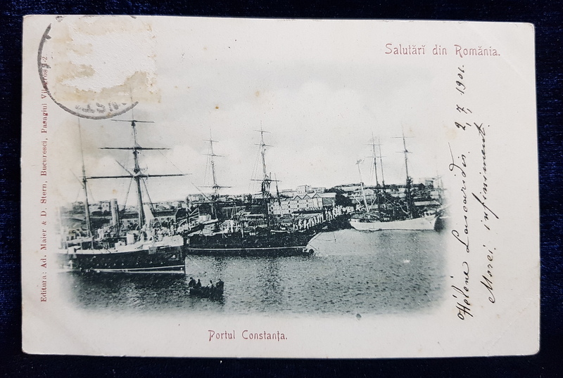 SALUTARI DIN ROMANIA - PORTUL CONSTANTA , CARTE POSTALA ILUSTRATA , MONOCROMA, CIRCULATA , CLASICA , DATATA 1901 , PREZINTA URME DE UZURA *