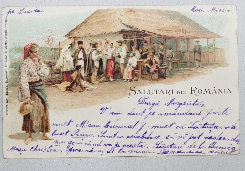 SALUTARI DIN ROMANIA  - SCENA LA CARCIUMA , CARTE POSTALA ILUSTRATA , CROMOLITOGRAFIE , CIRCULATA , CLASICA , 1901