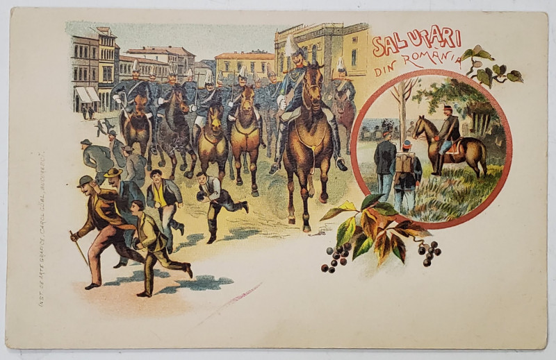 SALUTARI DIN ROMANIA , SOLDATI CALARE,  IMPRASTIIND O MANIFESTATIE , CARTE POSTALA ILUSTRATA , CLASICA , CROMOLITOGRAFIE