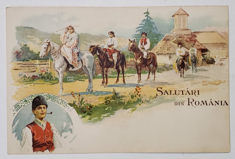 SALUTARI DIN ROMANIA , TARANI  CALARE PE  LANGA BISERICA , TANAR CU VESTA SI PIPA , CARTE POSTALA ILUSTRATA , CROMOLITOGRAFIE , CLASICA  , NECIRCULATA