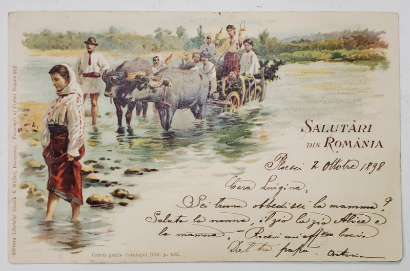 SALUTARI DIN ROMANIA , TARANI TRECAND  RAUL CU CARUL TRAS DE BOI , CARTE POSTALA ILUSTRATA , CROMOLITOGRAFIE , CLASICA , DATATA  1898, EXPEDIATA DIN PLOIESTI