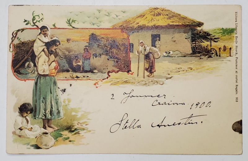 SALUTARI DIN ROMANIA , TIGANCA CU COPIII , SCENA LA BORDEI SI IN CURTEA CASEI , CARTE POSTALA ILUSTRATA , CROMOLITOGRAFIE , CLASICA , DATATA 1900