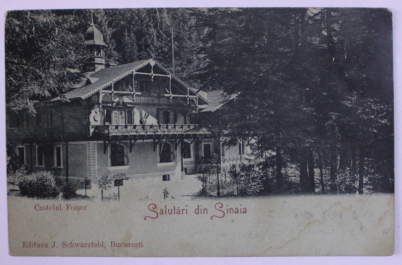 SALUTARI DIN SINAIA - CASTELUL FOISOR , CARTE POSTALA ILUSTRATA , MONOCROMA, CIRCULATA , CLASICA , DATATA 1902