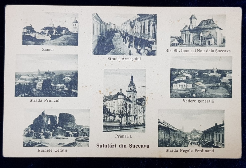 SALUTARI DIN SUCEAVA  - ZAMCA ...STRADA REGELE FERDINAND , CARTE POSTALA ILUSTRATA , COLAJ FOTOGRAFIC ,  MONOCROMA , CIRCULATA  , DATATA 1934