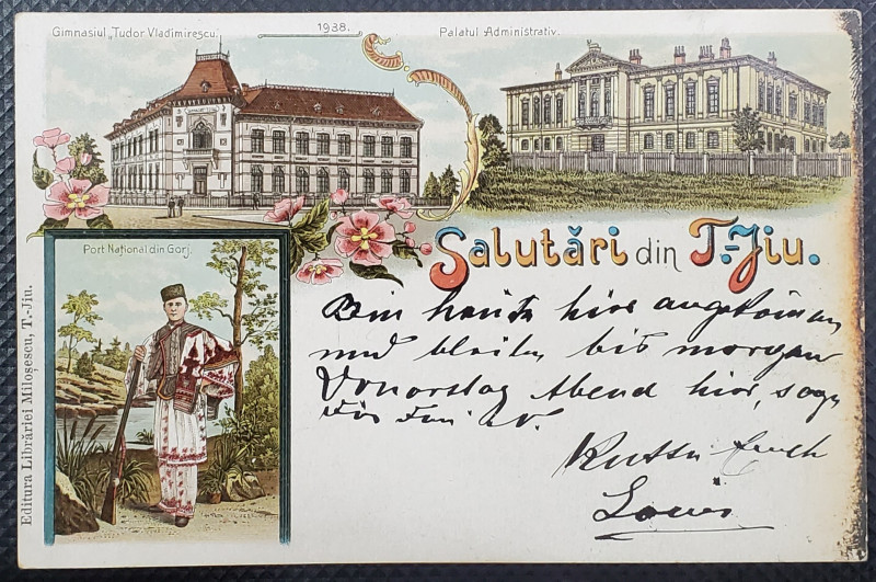 SALUTARI DIN TARGU JIU , CARTE POSTALA ILUSTRATA , CLASICA , CROMOLITOGRAFIE
