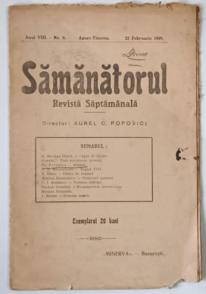 SAMANATORUL , REVISTA SAPTAMANALA , ANUL VIII , NO. 8 , 22 FEBRUARIE , 1909