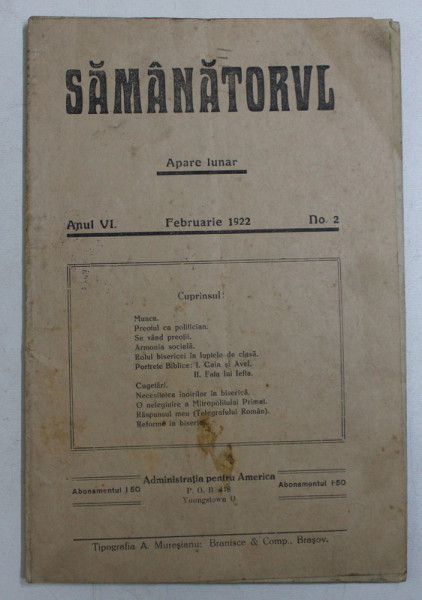 SAMANATORUL - REVISTA SOCIALA - RELIGIOASA , APARE LUNAR , ANUL VI , NO . 2 , FEBRUARIE ,  1922