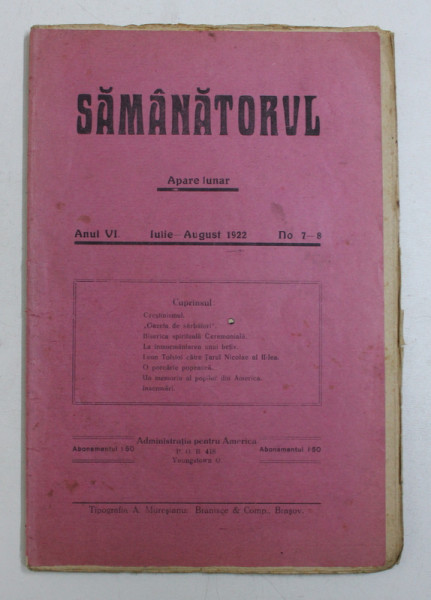 SAMANATORUL - REVISTA SOCIALA - RELIGIOASA , APARE LUNAR , ANUL VI , NO . 7 - 8  , IULIE - AUGUST  ,  1922