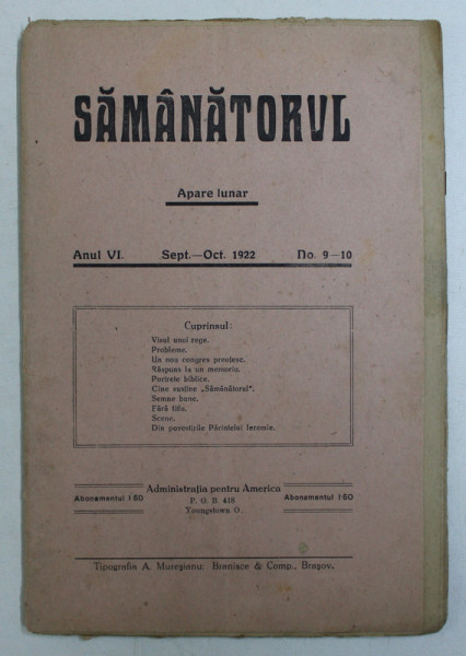 SAMANATORUL - REVISTA SOCIALA - RELIGIOASA , APARE LUNAR , ANUL VI , NO . 9 -10, SEPTEMVRE  - OCTOMVRE  ,  1922