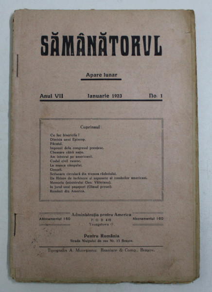 SAMANATORUL - REVISTA SOCIALA - RELIGIOASA , APARE LUNAR , ANUL VII , NO . 1 , IANUARIE ,  1923