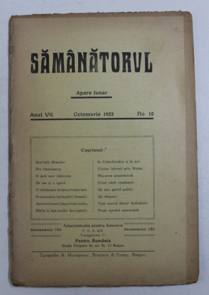 SAMANATORUL - REVISTA SOCIALA - RELIGIOASA , APARE LUNAR , ANUL VII , NO . 10, OCTOMVRIE  ,  1923