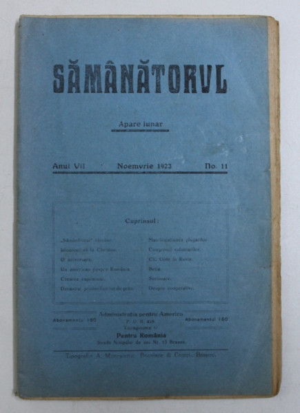 SAMANATORUL - REVISTA SOCIALA - RELIGIOASA , APARE LUNAR , ANUL VII , NO . 11 , NOEMVRIE  ,  1923