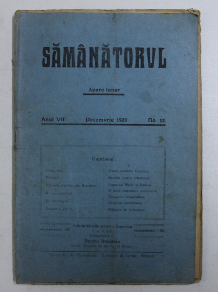 SAMANATORUL - REVISTA SOCIALA - RELIGIOASA , APARE LUNAR , ANUL VII , NO . 12 , DECEMVRIE  ,  1923
