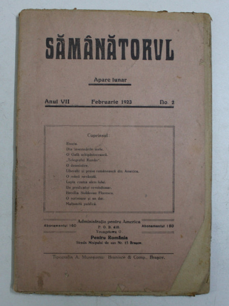 SAMANATORUL - REVISTA SOCIALA - RELIGIOASA , APARE LUNAR , ANUL VII , NO . 2 , FEBRUARIE ,  1923