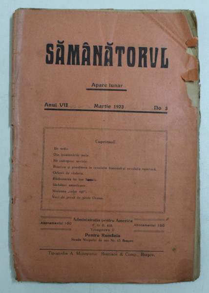 SAMANATORUL - REVISTA SOCIALA - RELIGIOASA , APARE LUNAR , ANUL VII , NO . 3 , MARTIE ,  1923