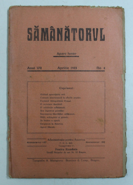 SAMANATORUL - REVISTA SOCIALA - RELIGIOASA , APARE LUNAR , ANUL VII , NO . 4 , APRILIE ,  1923
