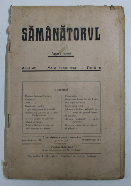 SAMANATORUL - REVISTA SOCIALA - RELIGIOASA , APARE LUNAR , ANUL VII , NO .5 - 6 , MAIU - IUNIE  ,  1923