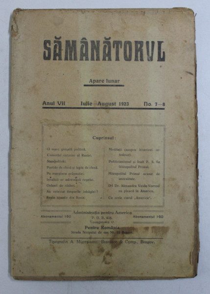 SAMANATORUL - REVISTA SOCIALA - RELIGIOASA , APARE LUNAR , ANUL VII , NO . 7-8  , IULIE - AUGUST ,  1923