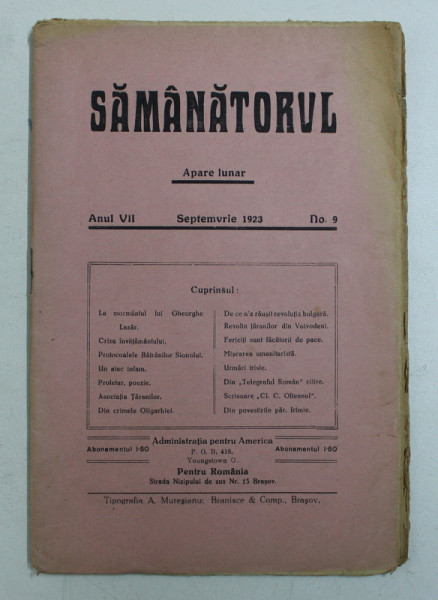 SAMANATORUL - REVISTA SOCIALA - RELIGIOASA , APARE LUNAR , ANUL VII , NO . 9 , SEPTEMVRIE ,  1923