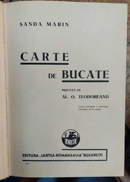 SANDA MARIN , CARTE DE BUCATE , prefata de AL. O TEODOREANU , 1936 , EDITIA  I *