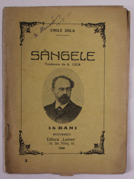 SANGELE de EMILE ZOLA , 1908