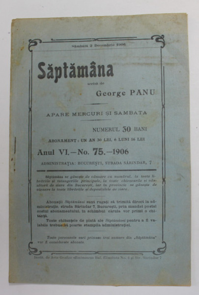 SAPTAMANA  , APARE MERCURI SI SAMBATA , scrisa de  GEORGE PANU , ANUL VI , NR. 75 - 1906