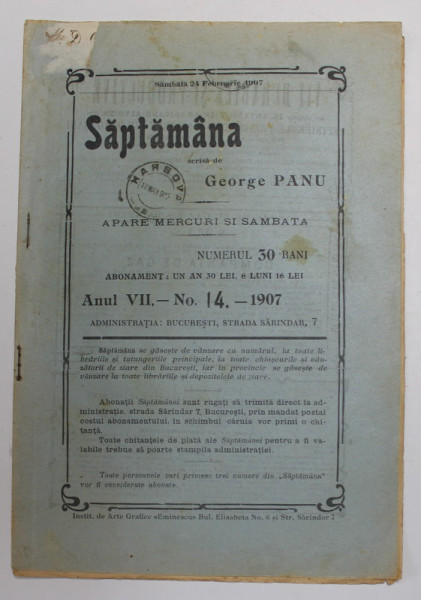 SAPTAMANA  , APARE MERCURI SI SAMBATA , scrisa de  GEORGE PANU , ANUL VII , NR. 14 - 1907
